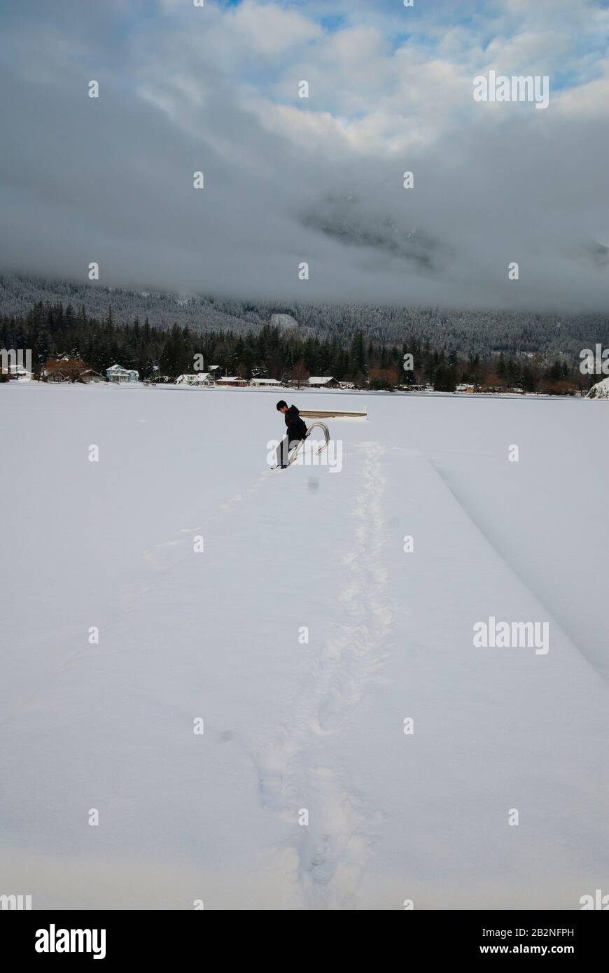 Winter ice on Lake Errock in Mission, British Columbia, Canada Stock Photo