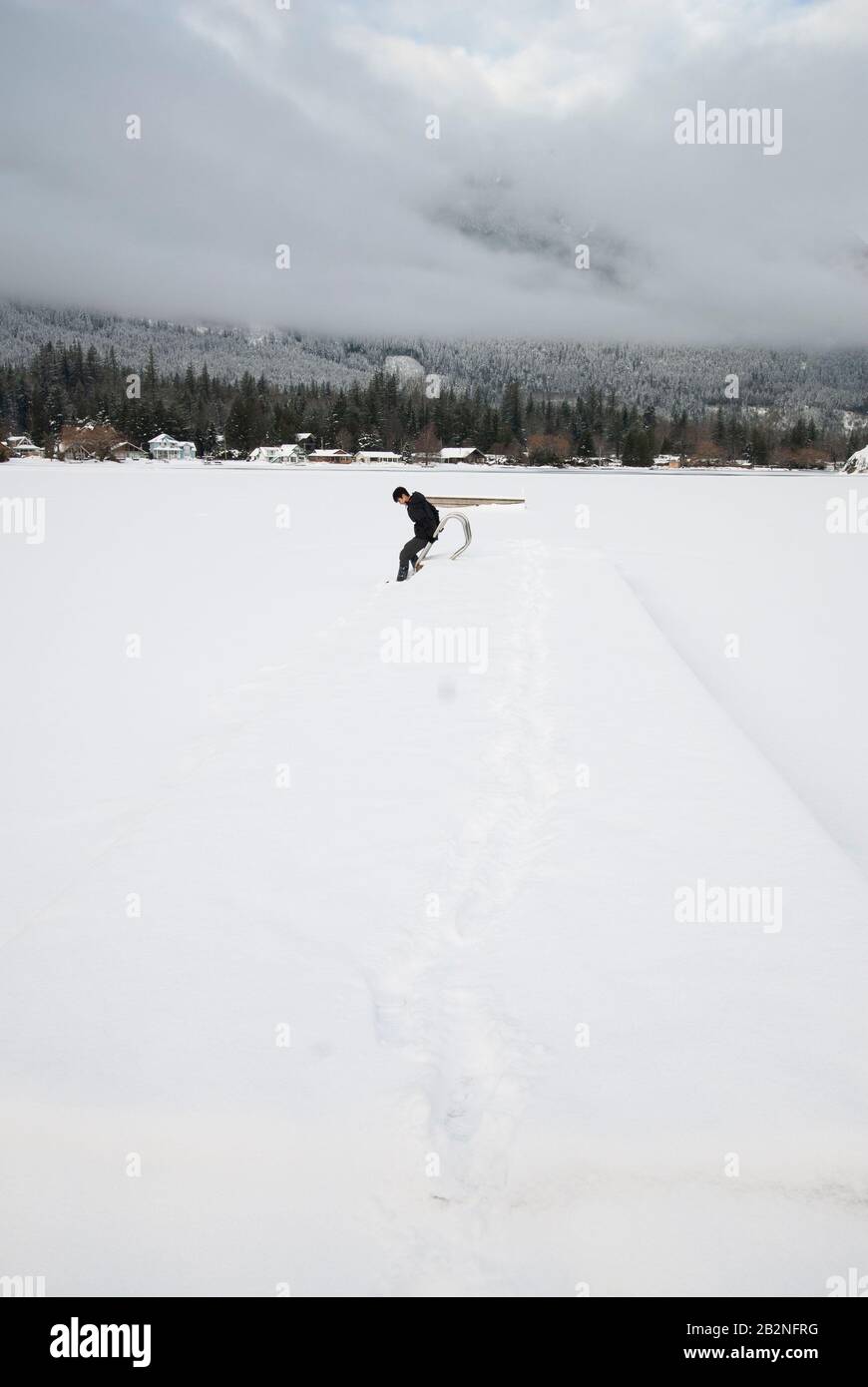 Winter ice on Lake Errock in Mission, British Columbia, Canada Stock Photo