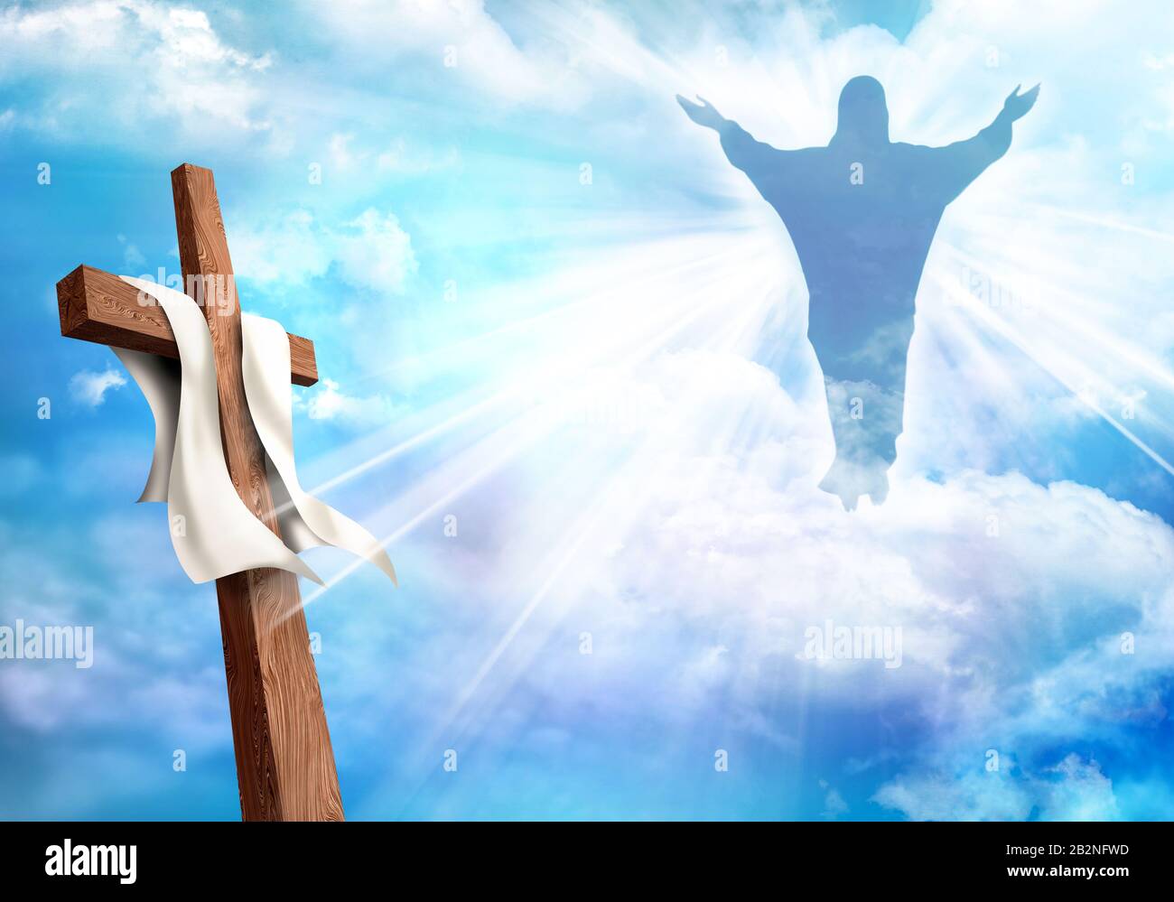 Resurrection. Christian cross with risen Jesus Christ and clouds sky background. Life after death Stock Photo