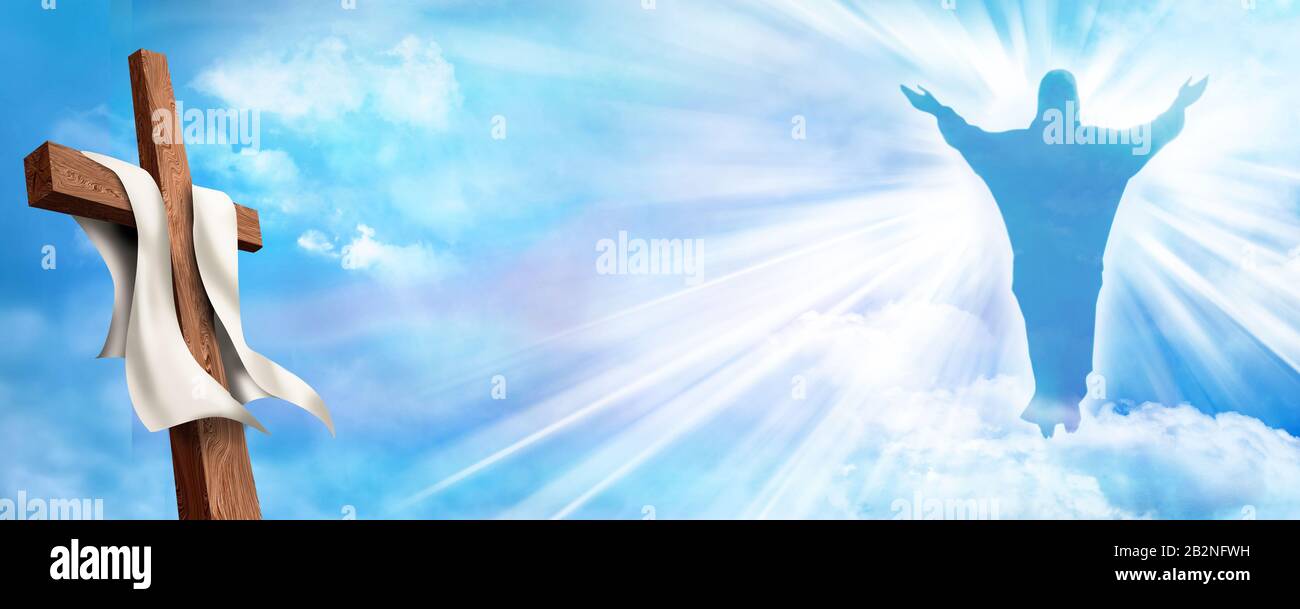 Web banner Resurrection. Christian cross with risen Jesus Christ and clouds sky background. Life after death Stock Photo