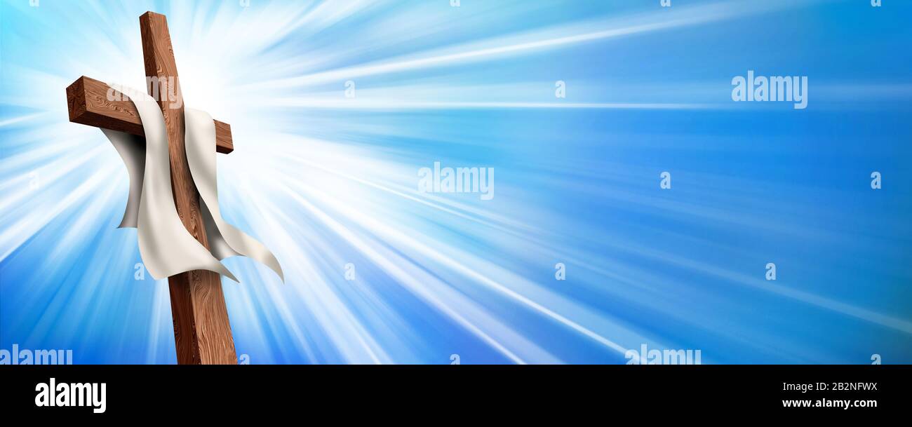 Web banner. Resurrection. Crucifixion. Christian cross illuminated on a blue background. Life after death Stock Photo