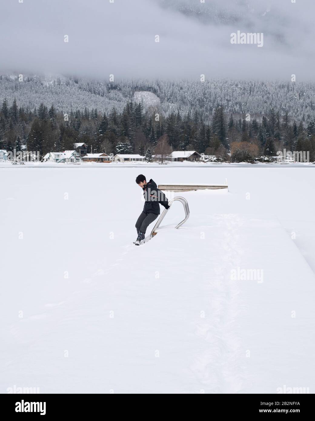 Winter ice on Lake Errock in Mission, British Columbia, Canada Stock Photo