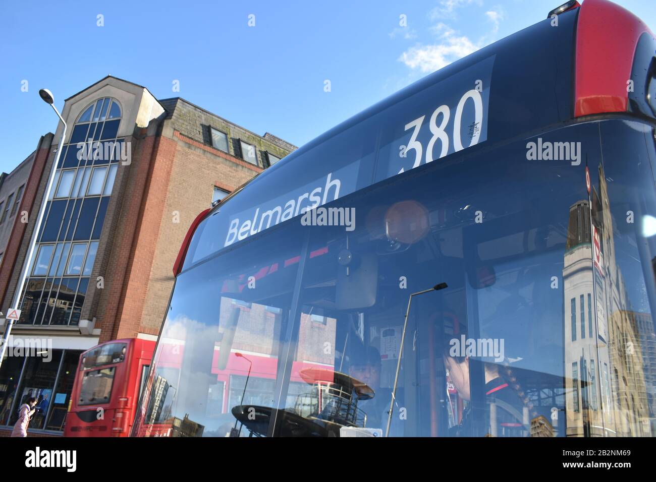 London/UK - February 2020: Belmarsh 380 Bus, outside Woolwich Arsenal, the week where journalist Julian Assange is at court in an extradition trial. Stock Photo