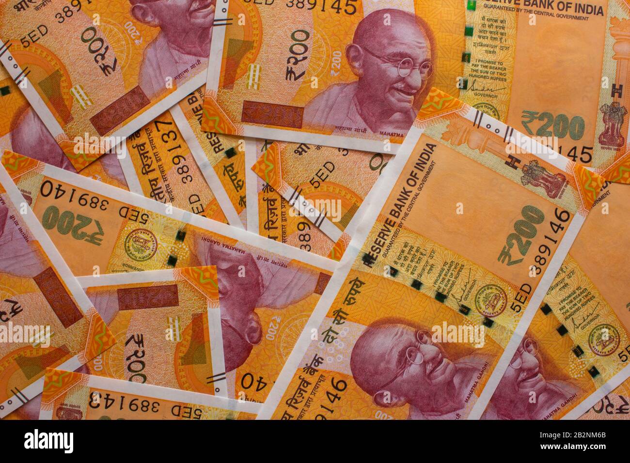 View of Indian currency notes. Two hundred rupee notes. Stock Photo