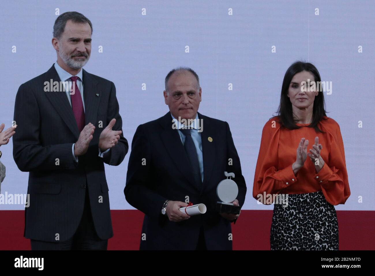 Madrid, Spain; 03/03/2020.- Javier Tebas 'La Liga' president.Kings of Spain Felipe VI and Leizia presided over the eighth delivery of honorary ambassadors of the Spain Brand to Ana Botín president of the Santander bank in the business management category, Isabel Coixet film director in the art and culture category, Carolina Marín Spanish badminton player in the Sports category for being the youngest world champion in Europe (absent), Francisco Mojica microbiologist, researcher and Spanish professor in the Department of Physiology, Genetics and Microbiology at the University of Alicante, scienc Stock Photo