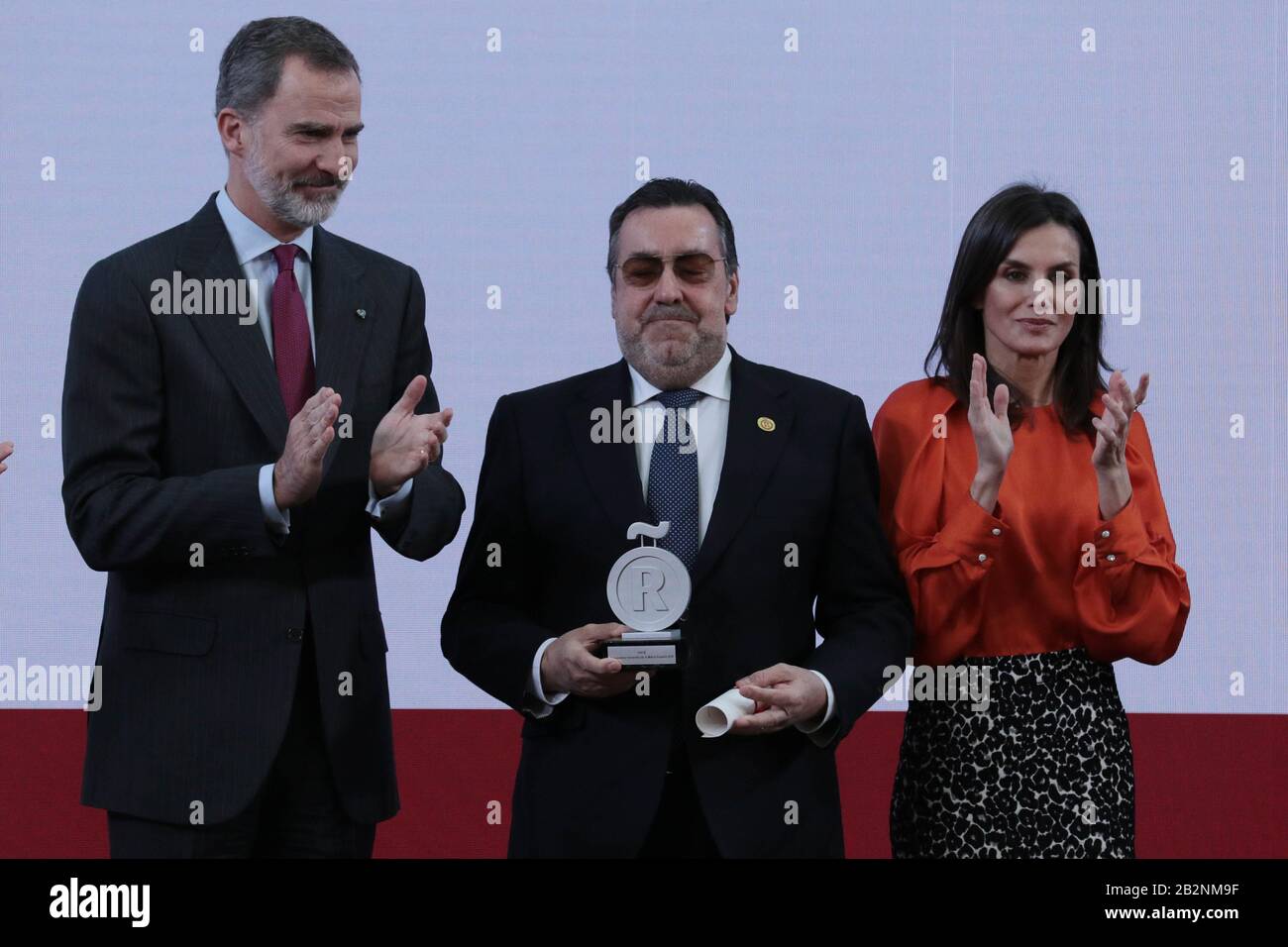 Madrid, Spain; 03/03/2020.- Miguel Carballeda ONCE president.Kings of Spain Felipe VI and Leizia presided over the eighth delivery of honorary ambassadors of the Spain Brand to Ana Botín president of the Santander bank in the business management category, Isabel Coixet film director in the art and culture category, Carolina Marín Spanish badminton player in the Sports category for being the youngest world champion in Europe (absent), Francisco Mojica microbiologist, researcher and Spanish professor in the Department of Physiology, Genetics and Microbiology at the University of Alicante, scienc Stock Photo