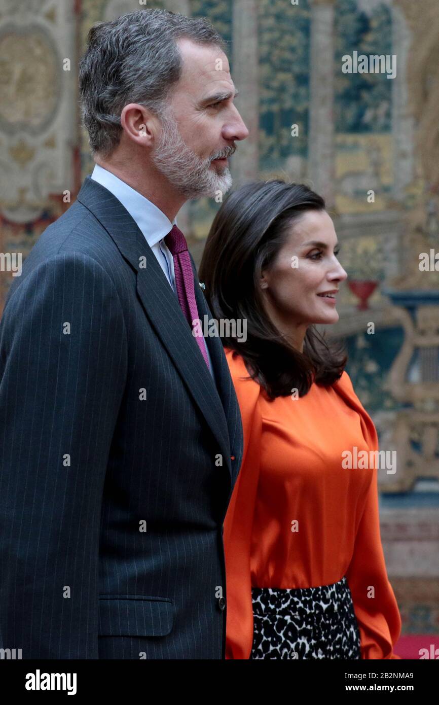 Madrid, Spain; 03/03/2020.- Kings of Spain Felipe VI and Leizia presided over the eighth delivery of honorary ambassadors of the Spain Brand to Ana Botín president of the Santander bank in the business management category, Isabel Coixet film director in the art and culture category, Carolina Marín Spanish badminton player in the Sports category for being the youngest world champion in Europe (absent), Francisco Mojica microbiologist, researcher and Spanish professor in the Department of Physiology, Genetics and Microbiology at the University of Alicante, science and innovation category, League Stock Photo