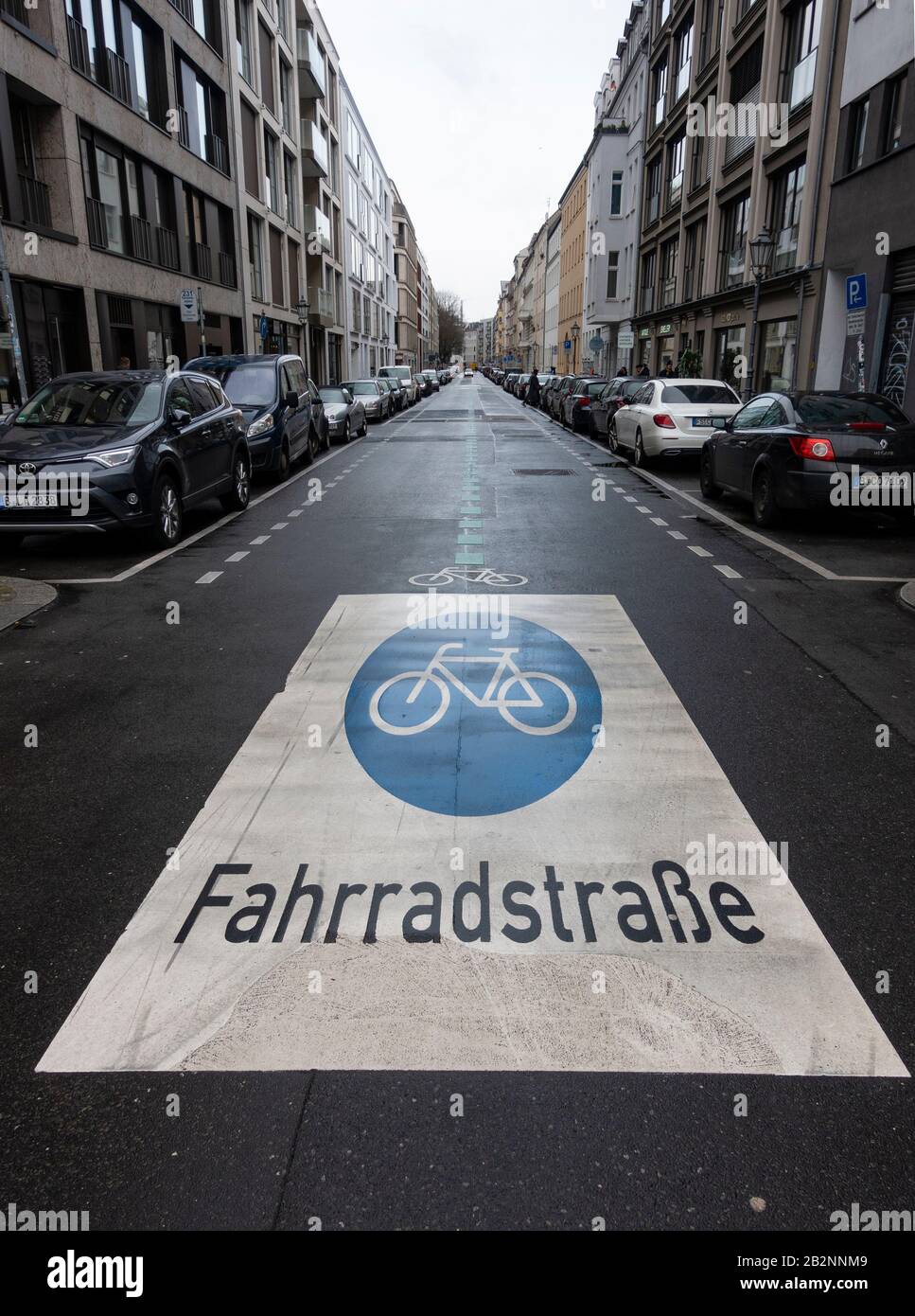 View of cycle street in Linienstrasse in Mitte Berlin, with cycleway sign painted onto road, Germany. Stock Photo