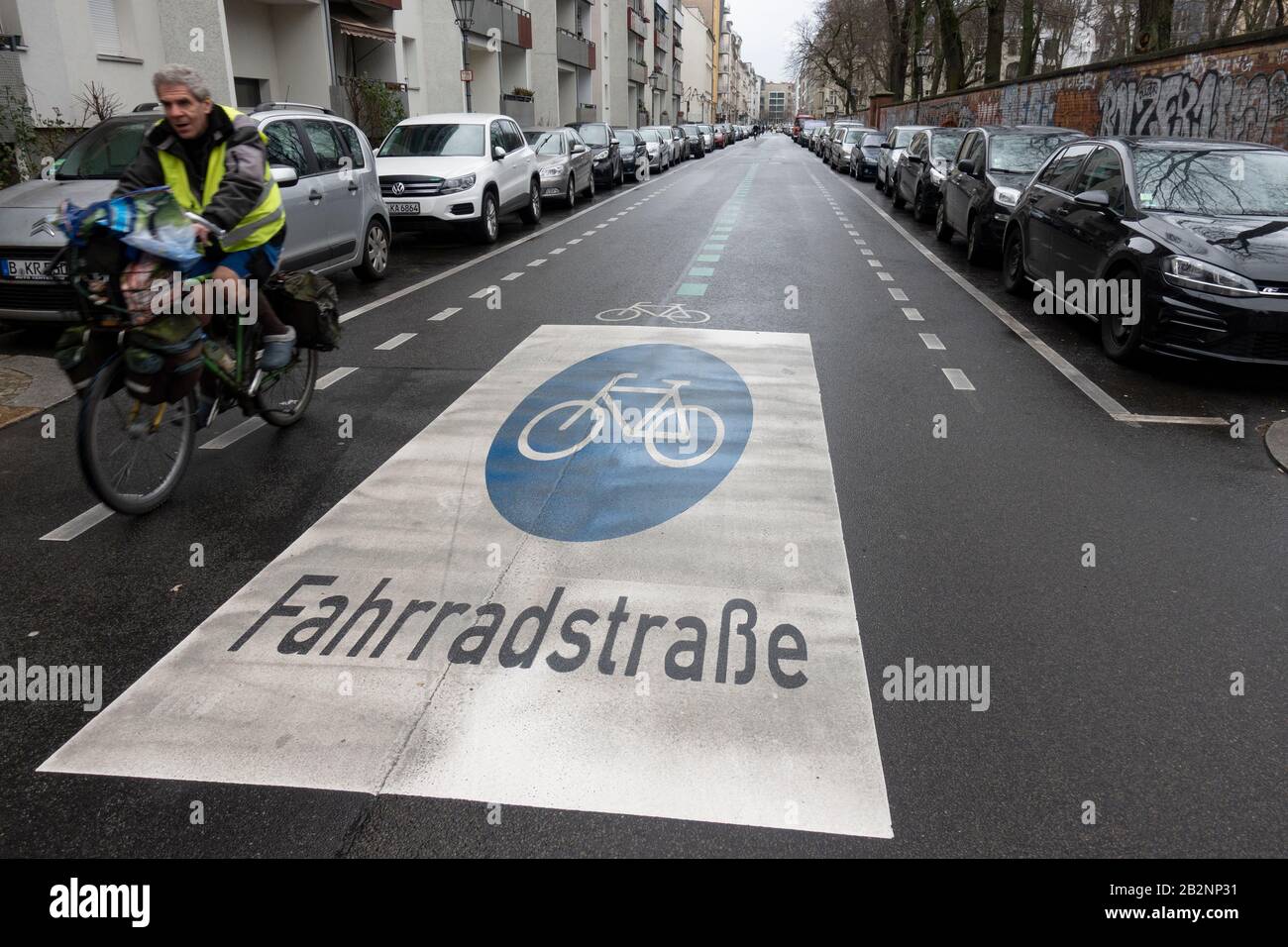 View of cycle street in Linienstrasse in Mitte Berlin, with cycleway sign painted onto road, Germany. Stock Photo