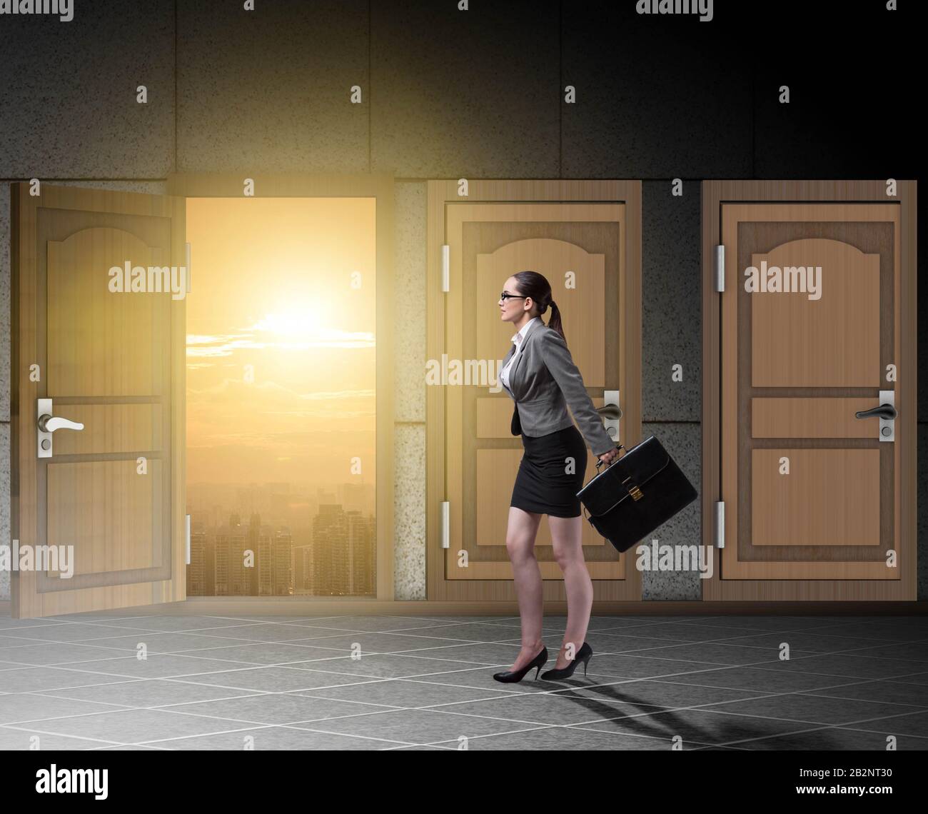 The businesswoman walking towards open door Stock Photo - Alamy