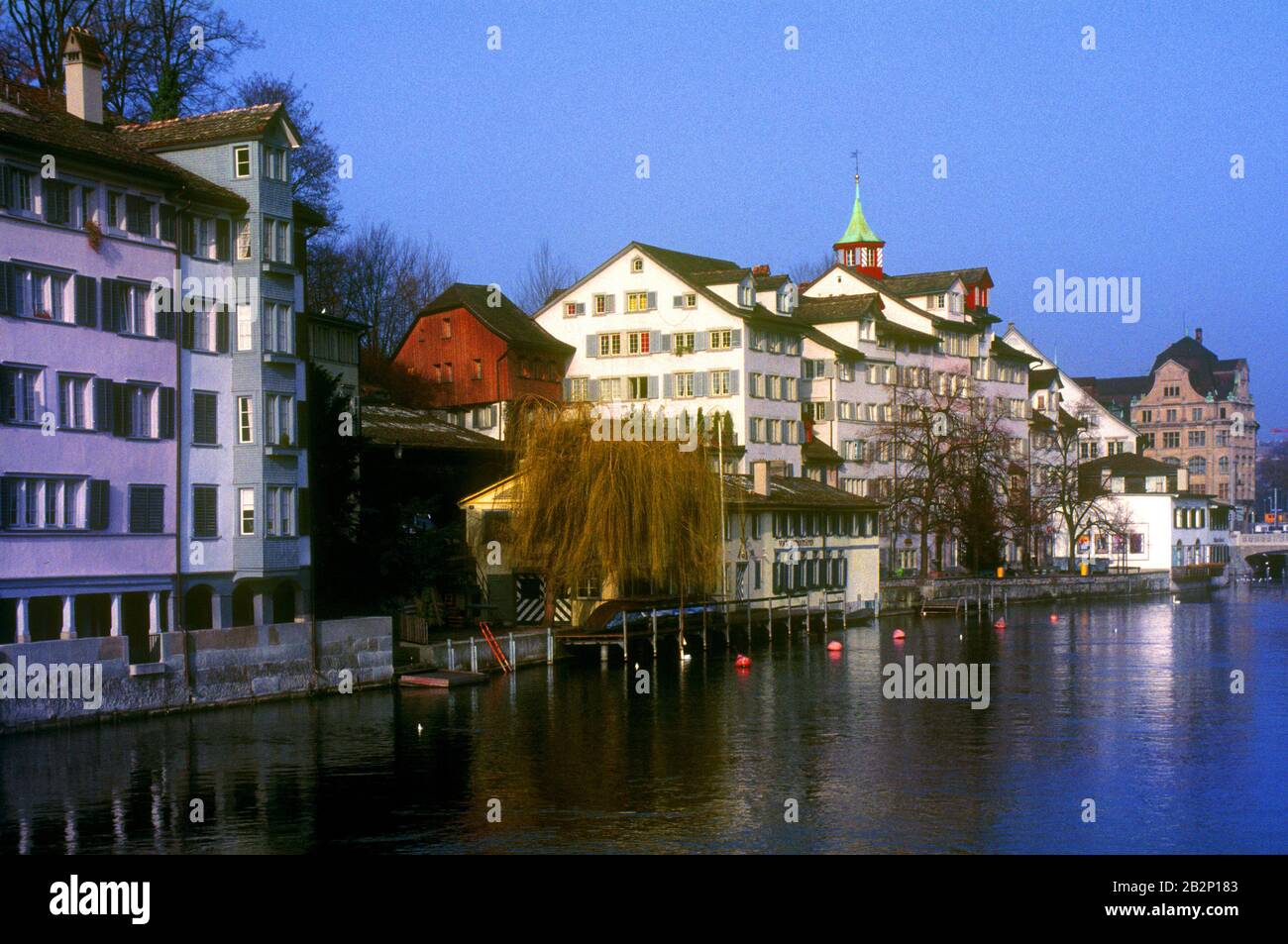 Zurich. View on the Lindenhof, from the Rathausbrücke on the Limmat river. Stock Photo