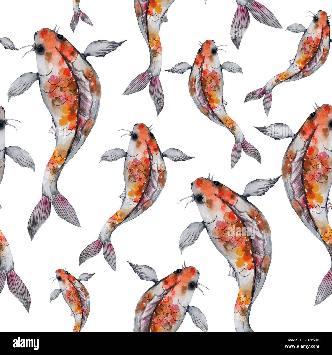 Watercolor oriental pattern with rainbow carps. Seamless oriental ...