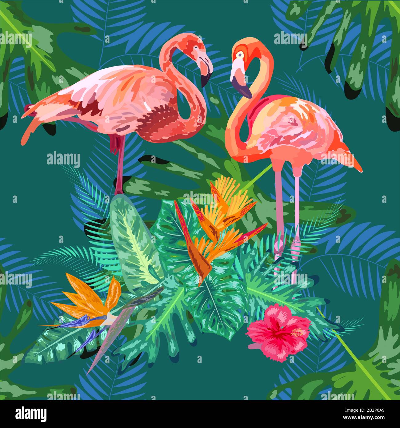Tropical trendy seamless pattern with pink flamingos and mint green ...