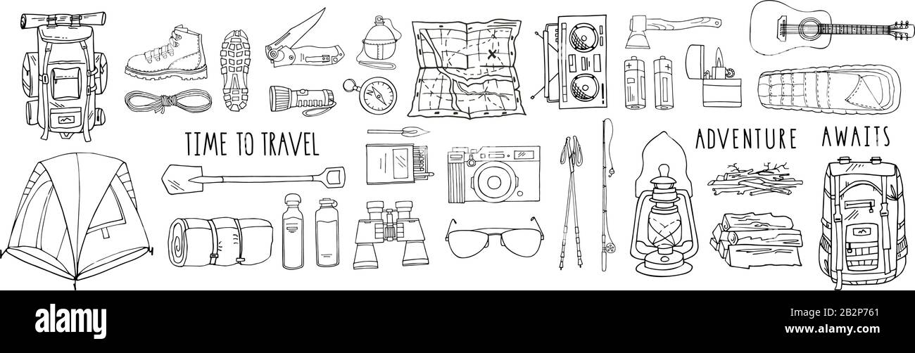Set of vector elements isolated on white. Hiking gear for camping trips ...