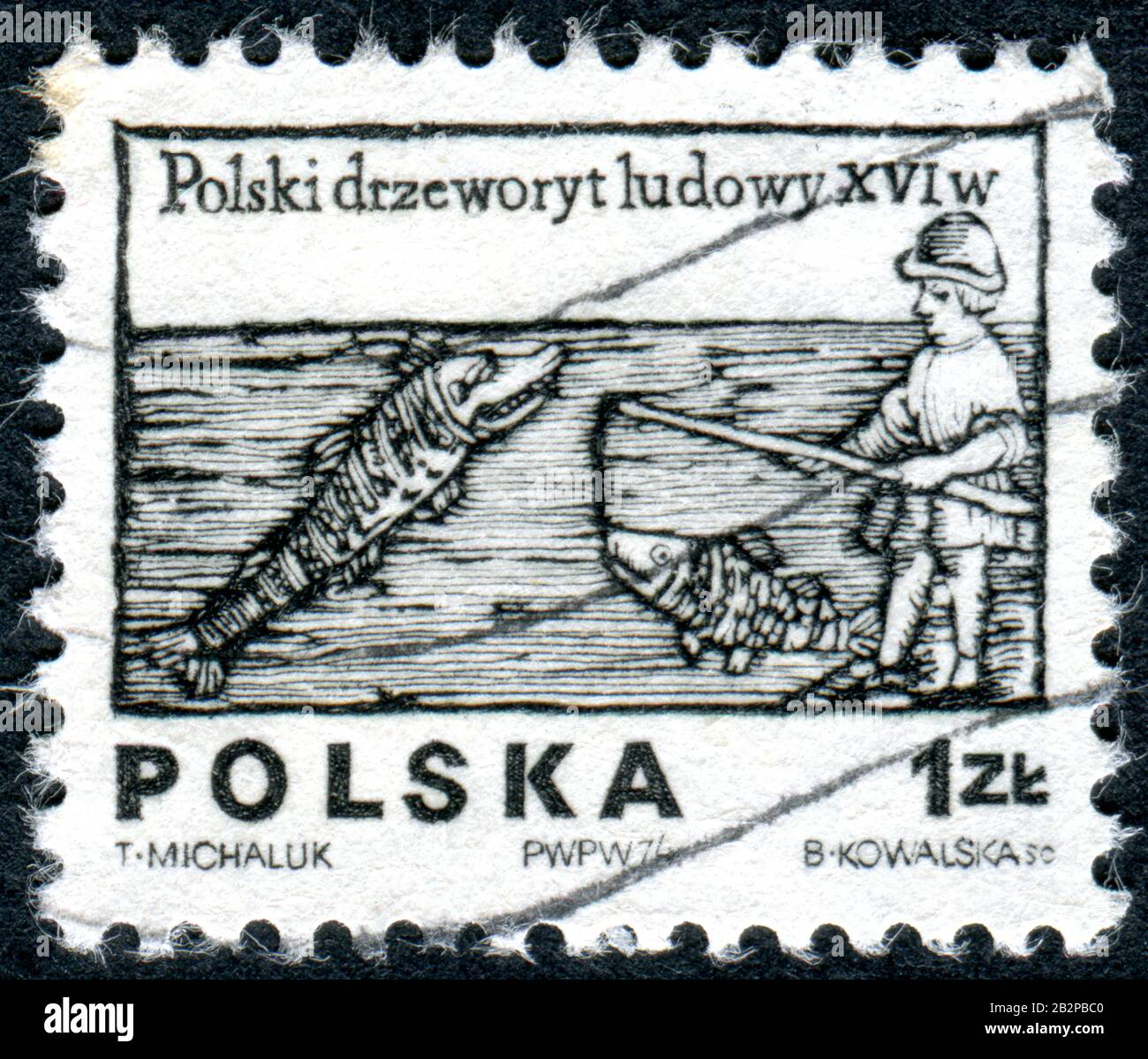 POLAND - CIRCA 1974: A stamp printed in Poland, depicted designs from 16th century woodcuts - Angler, circa 1974 Stock Photo
