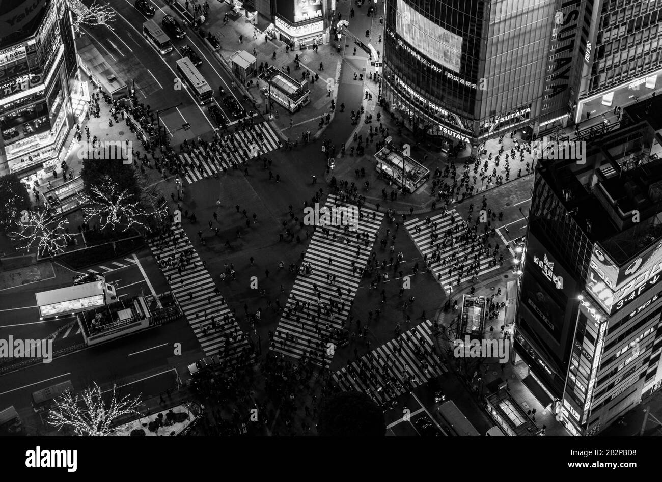 A black and white picture of the Shibuya Crossing, as seen from above, at night. Stock Photo