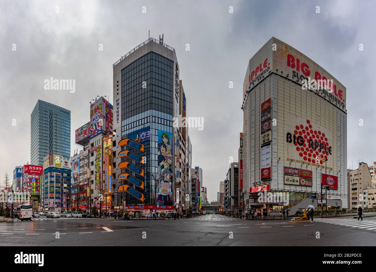 A panorama picture of the colorful facades of the Akihabara district (Tokyo). Stock Photo