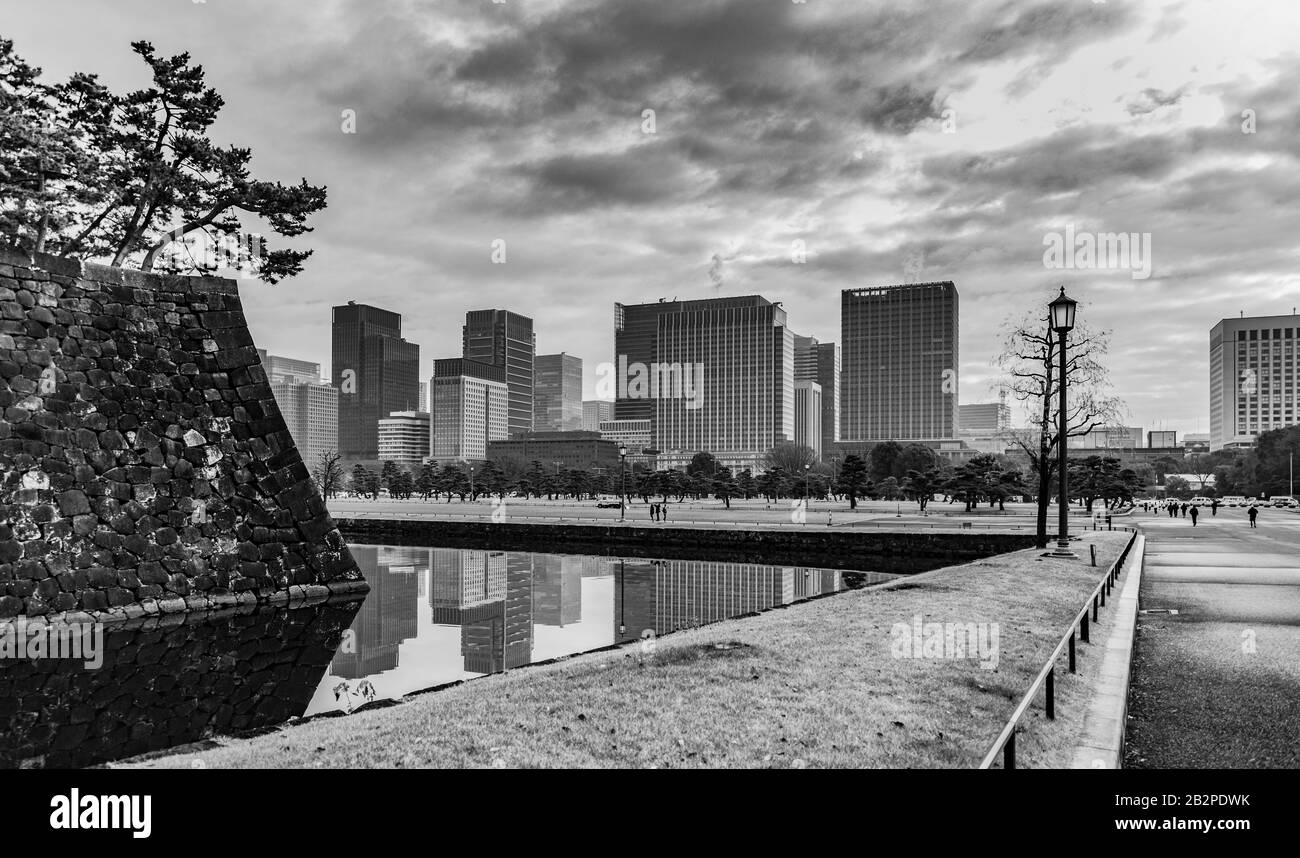 A black and white picture of Chiyoda City, next to the Imperial Palace (Tokyo). Stock Photo