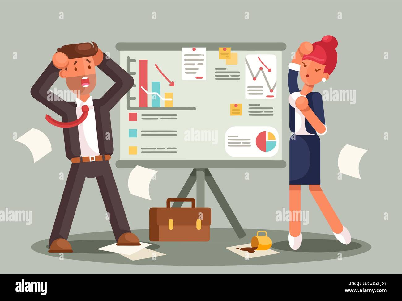 Stressed business people looking at a bad results chart. Business fail. Graph down flat illustration Stock Vector