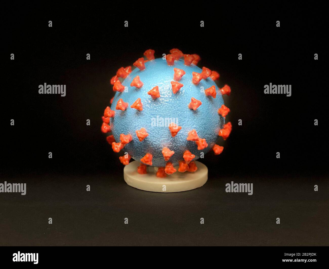 A three dimensional model of COVID-19, novel coronavirus, virus particles at the NIAID Integrated Research Facility February 18, 2020 in Fort Detrick, Maryland. Stock Photo