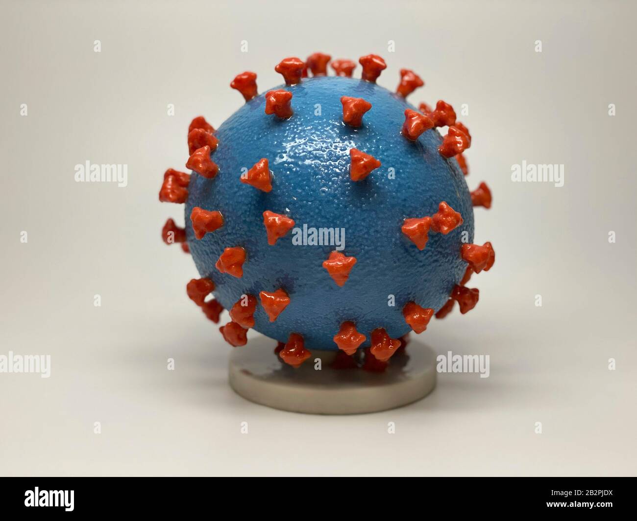 A three dimensional model of COVID-19, novel coronavirus, virus particles at the NIAID Integrated Research Facility February 18, 2020 in Fort Detrick, Maryland. Stock Photo