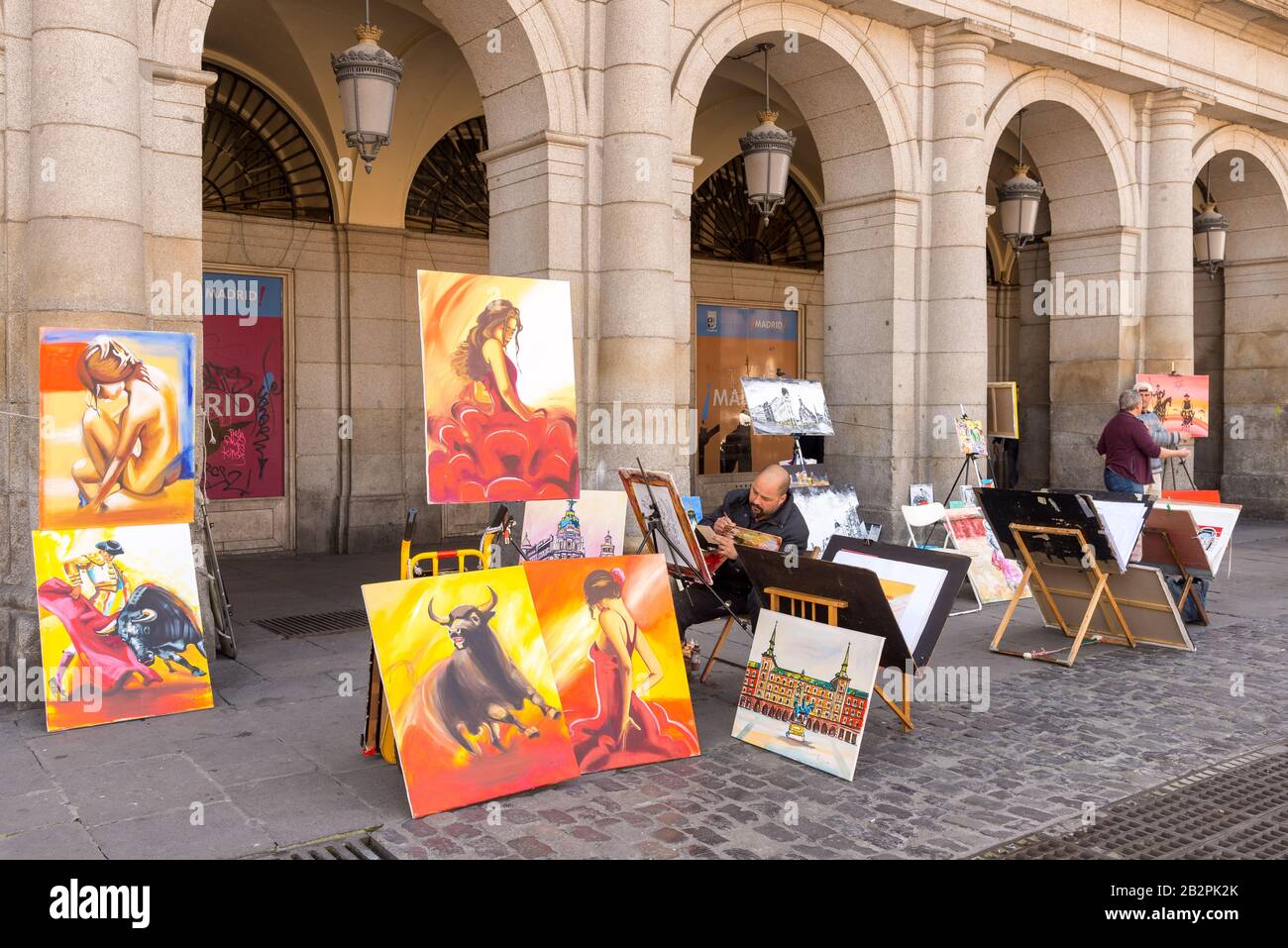 Artist paintings for sale in the Plaza Mayor, Madrid, Spain Stock Photo
