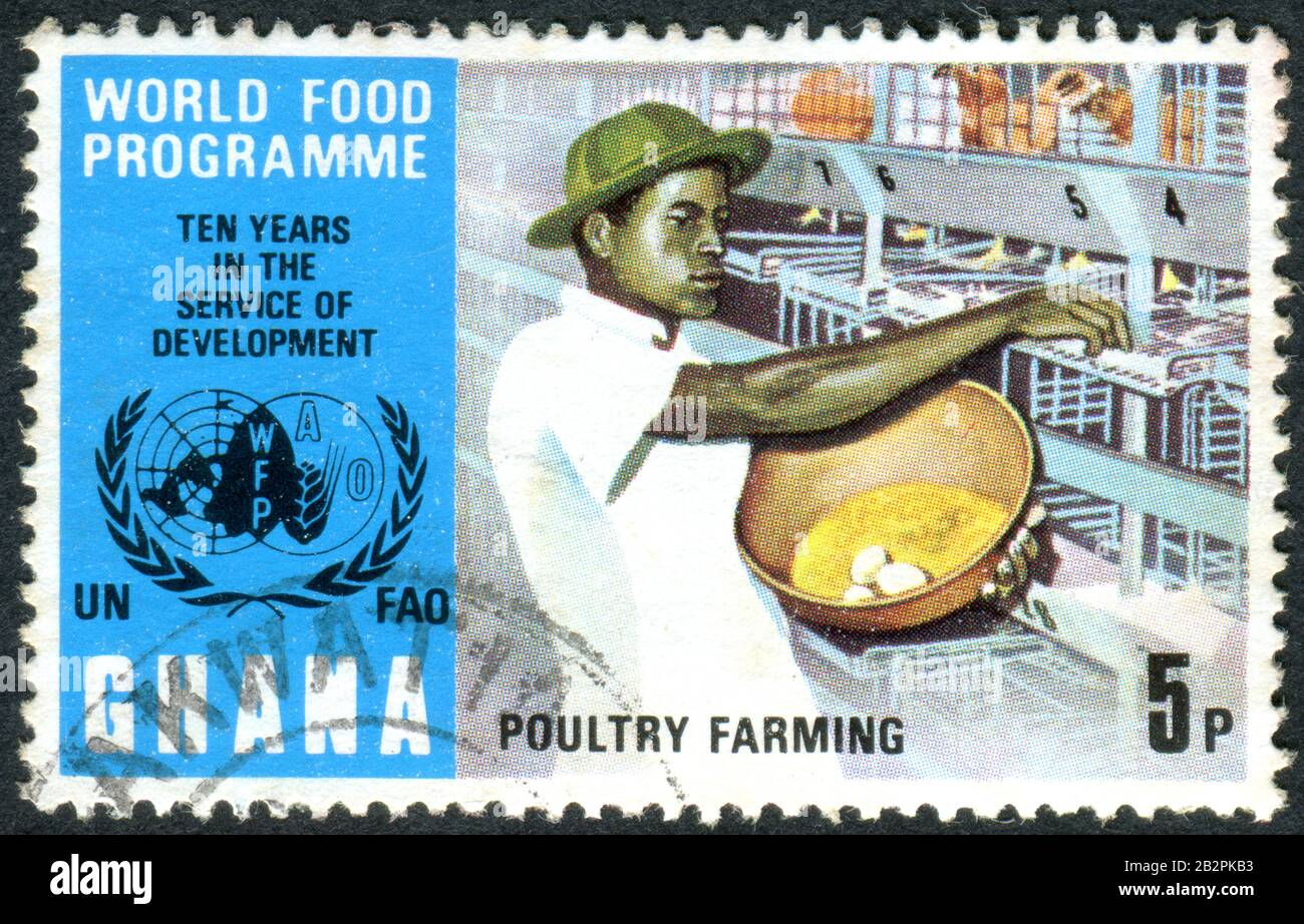 GHANA - CIRCA 1973: A stamp printed in Ghana, dedicated to the World Food Program, depicted the Poultry Farming, circa 1973 Stock Photo