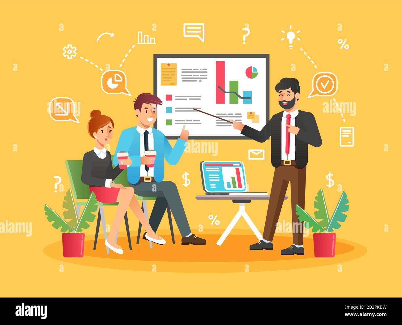 Brainstorming creative team idea discussion people. Teamwork staff around table Stock Vector