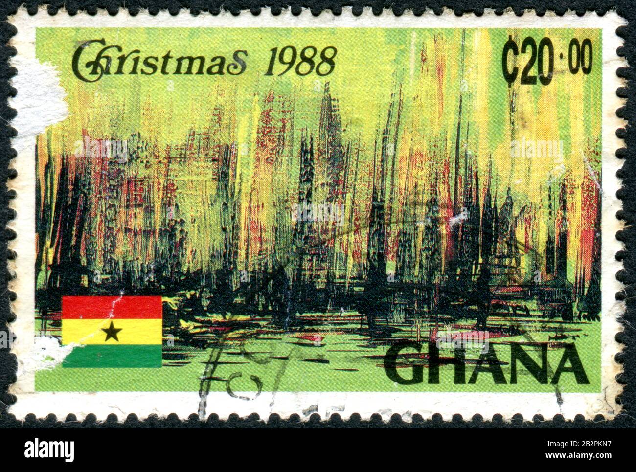GHANA - CIRCA 1988: A stamp printed in Ghana, Christmas issue, depicted the Christmas Symbolism, circa 1988 Stock Photo