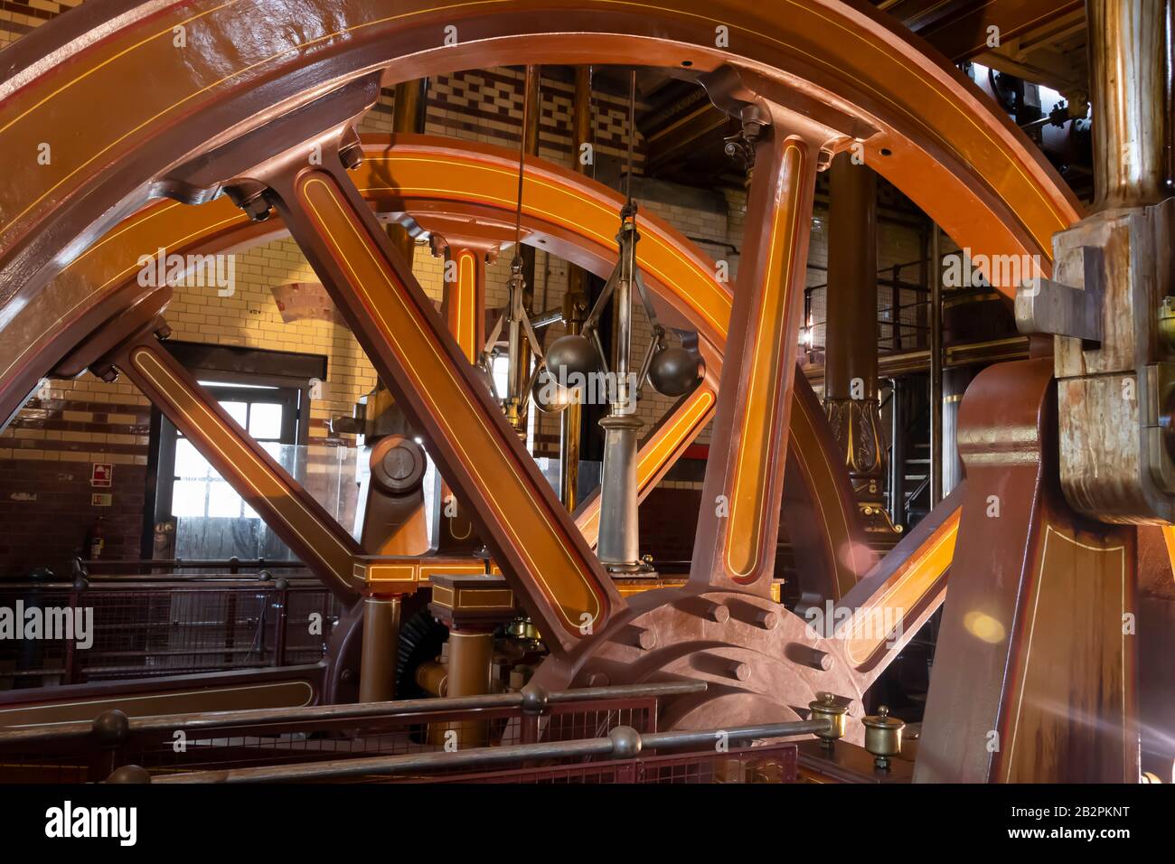 Large flywheels, part of Victorian pumps at Abbey Pumping Station, a museum of science and technology in Leicester, England Stock Photo