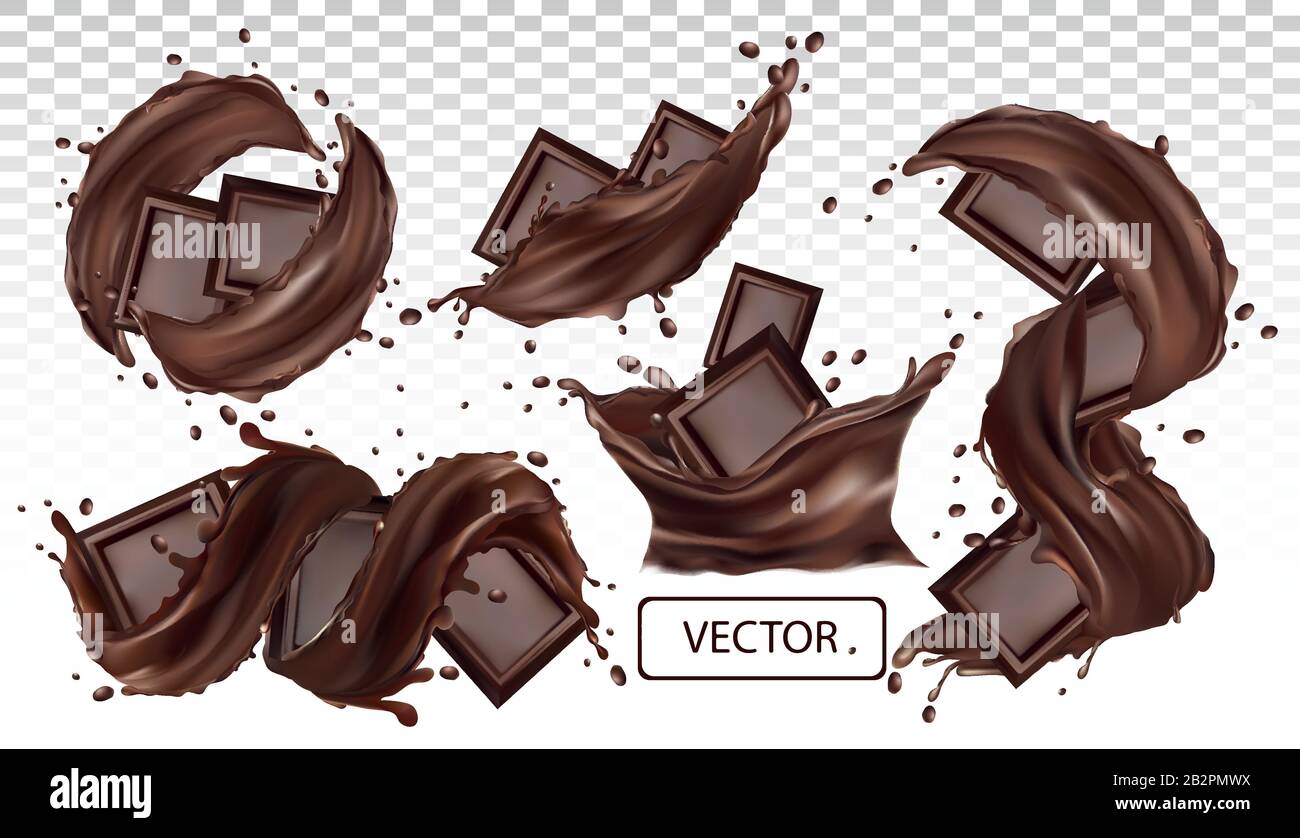 Download Chocolate Bar Cocoa Butter Pastry Sweets With Splashing And Whirl Chocolate Liquid Realistic Vector Pieces Of Chocolate Which With Drops On Transparent Background Set Vector Illustration Stock Vector Image Art