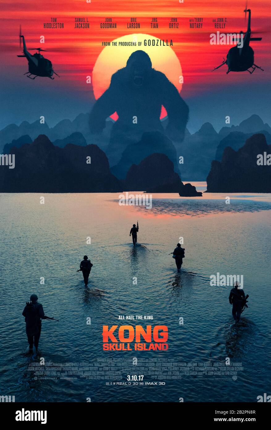 Kong: Skull Island (2017) directed by Jordan Vogt-Roberts and starring Tom Hiddleston, Samuel L. Jackson, Brie Larson and John C. Reilly. Legendary's MonsterVerse second feature film seeing a reboot of the King Kong franchise; a US Government research trip to Skull Island discovers some unusual forna. Stock Photo