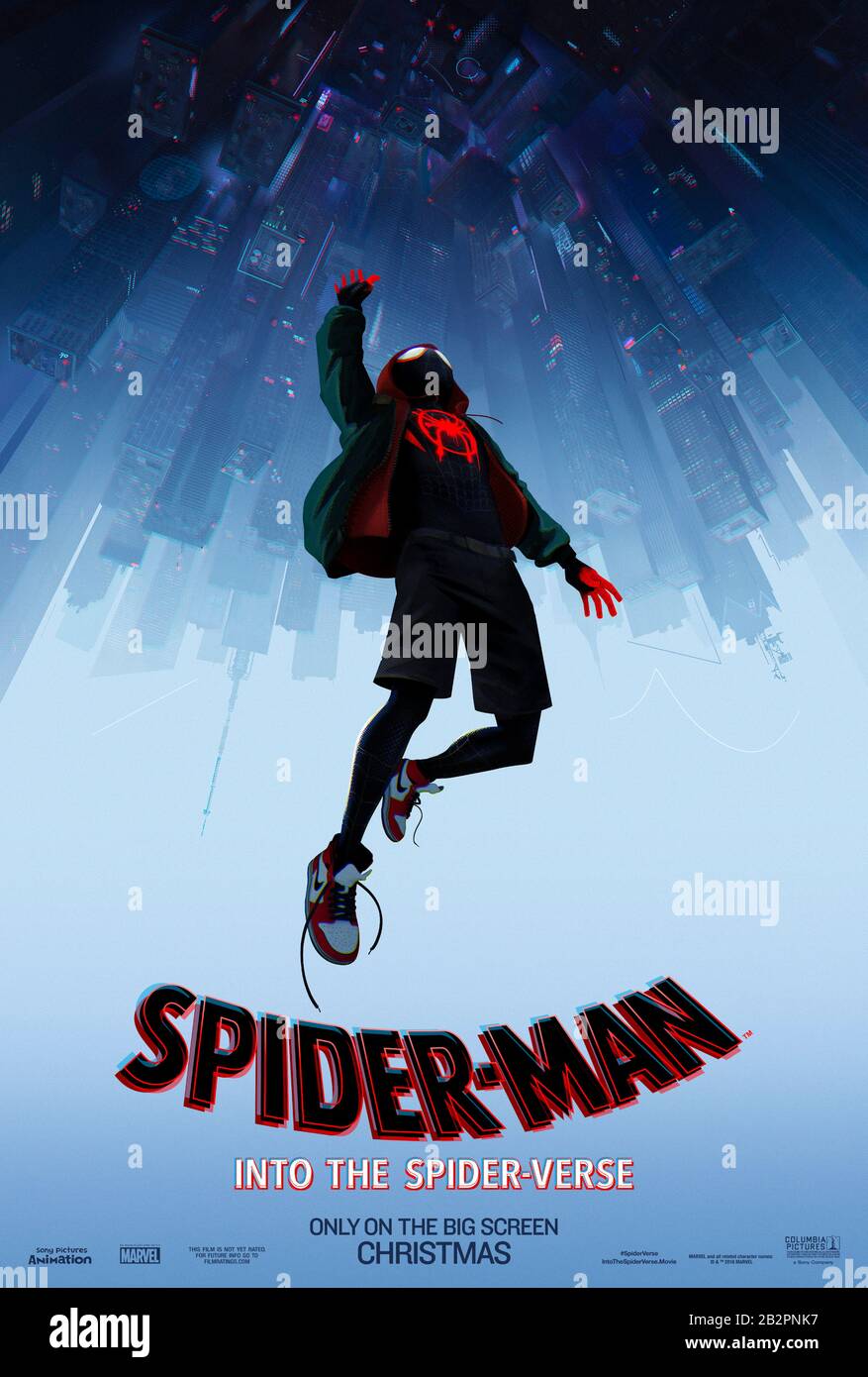Spider-Man: Into the Spider-Verse (2018) directed by Bob Persichetti and Peter Ramsey and starring Shameik Moore, Jake Johnson and Hailee Steinfeld. Stylish animation about Spider-Man teaming up with other versions from different dimensions. Stock Photo