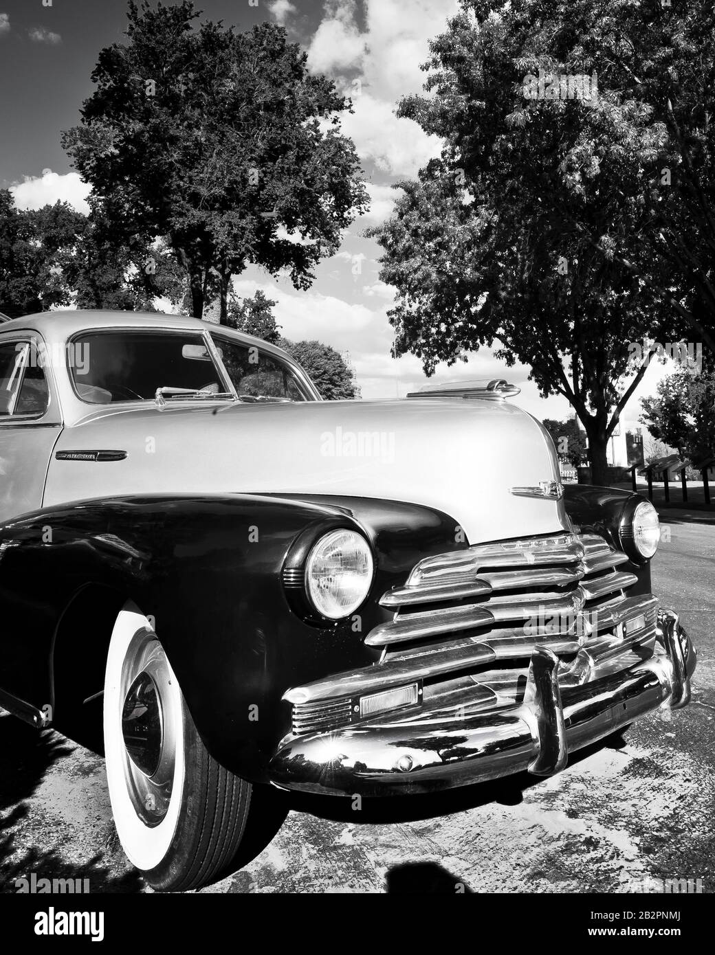 Black and White image of 1947 Chevrolet Fleet Master Car Stock Photo