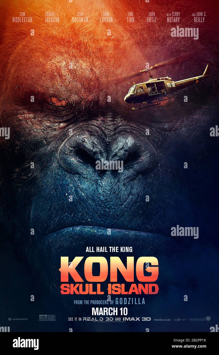 Kong: Skull Island (2017) directed by Jordan Vogt-Roberts and starring Tom Hiddleston, Samuel L. Jackson, Brie Larson and John C. Reilly. Legendary's MonsterVerse second feature film seeing a reboot of the King Kong franchise; a US Government research trip to Skull Island discovers some unusual forna. Stock Photo