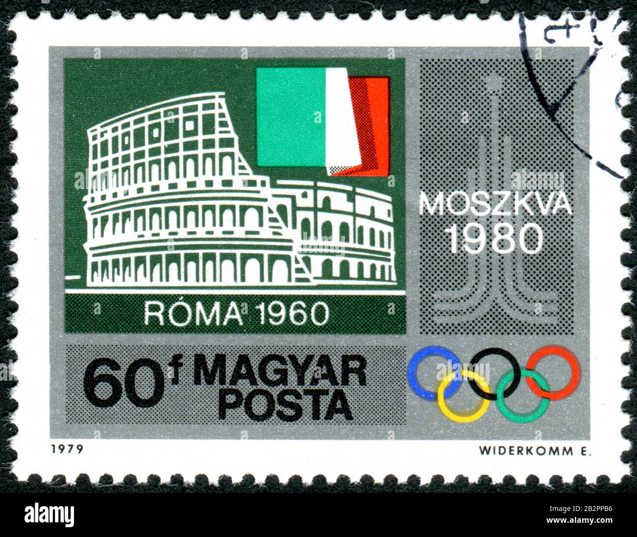 HUNGARY - CIRCA 1979: A stamp printed in Hungary, depicted Colosseum, Rome, Italian flag, Moscow '80 Emblem, circa 1979 Stock Photo