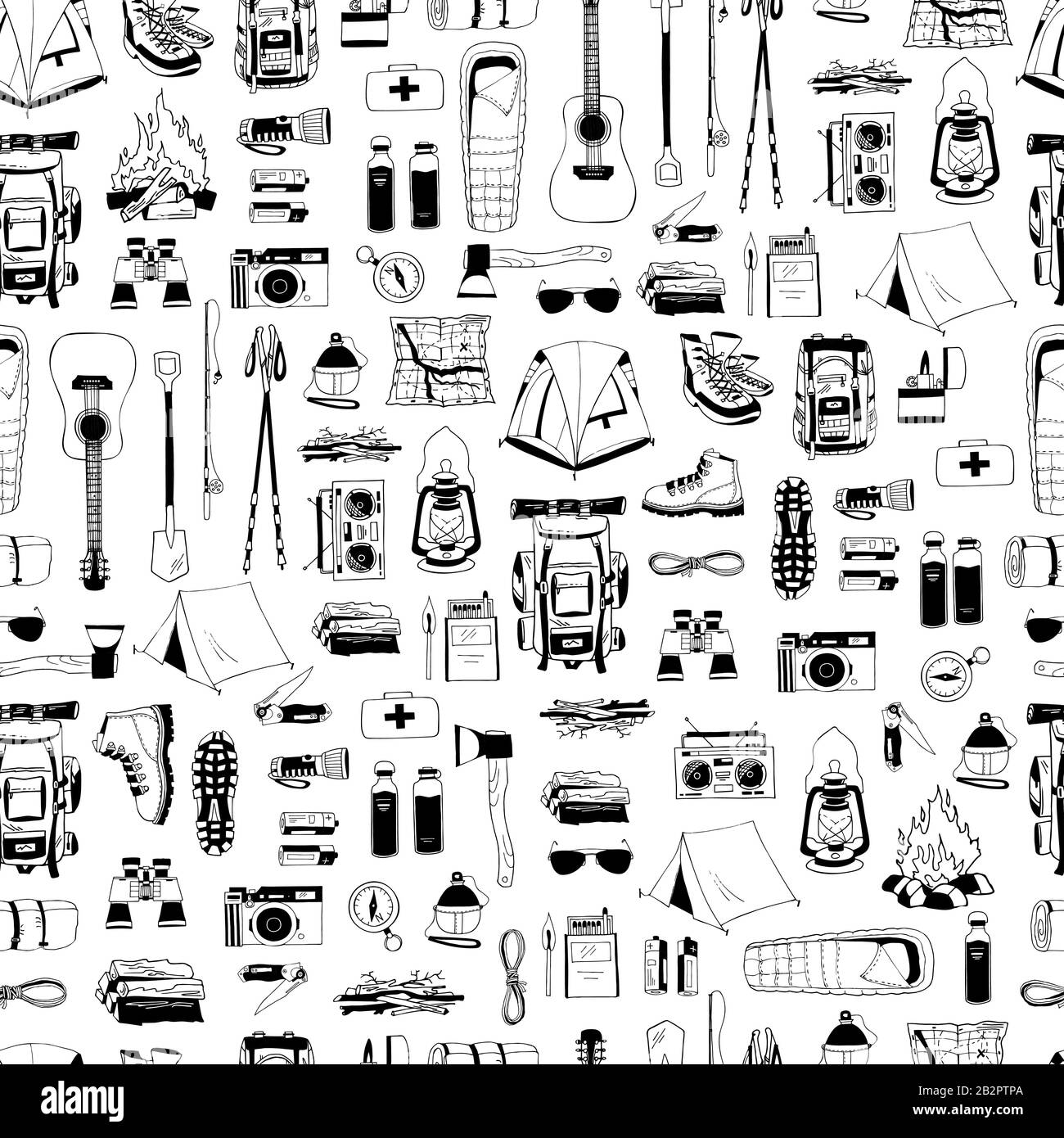 Vector seamless pattern with black elements isolated on white. Trendy endless texture. Print for tourism, camping. Backpack, boots, tent, compass, map Stock Vector