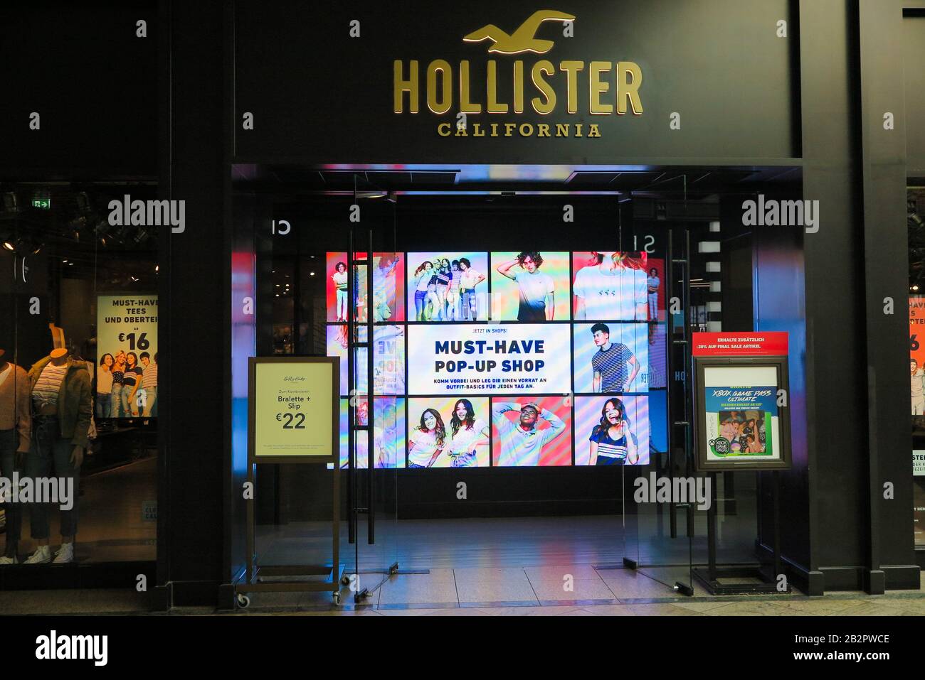 Oberhausen, Germany - February 11. 2020: View on entrance of Hollister fashion chain store Stock Photo