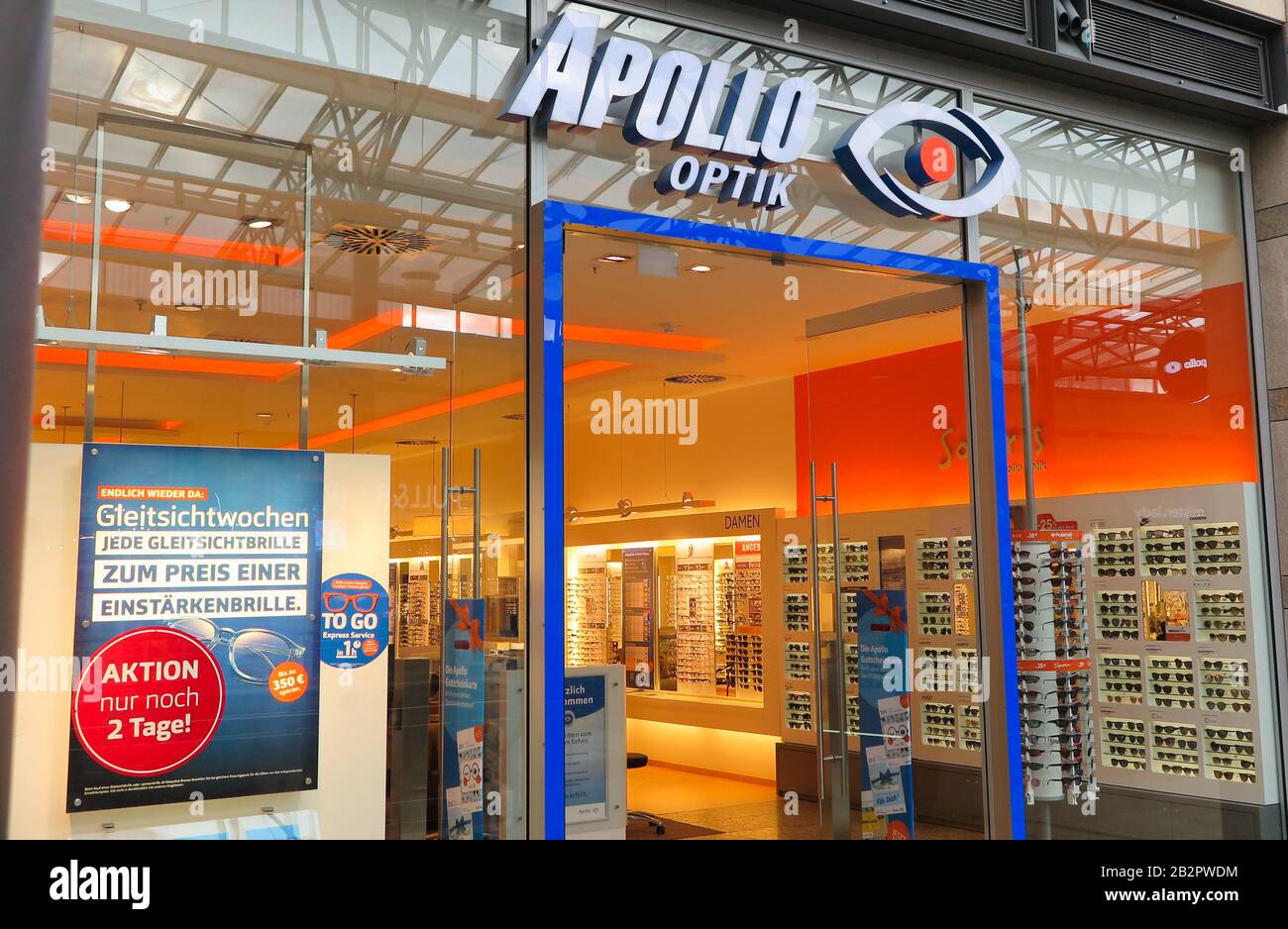 Oberhausen, Germany - February 11. 2020: View on entrance of Apollo Optik eyeglasses store Stock Photo