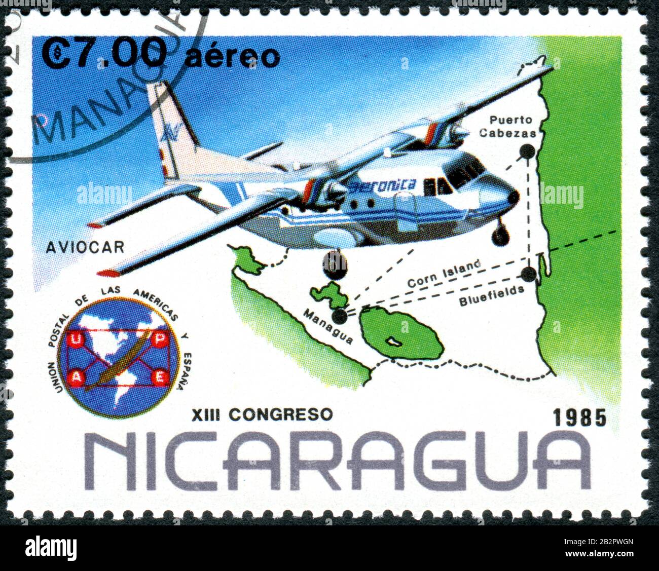 A stamp printed in Nicaragua, dedicated to 13th Congress Postal Union ...