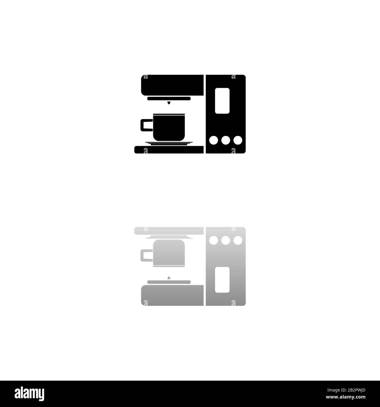 Coffee maker machine. Black symbol on white background. Simple illustration. Flat Vector Icon. Mirror Reflection Shadow. Can be used in logo, web, mob Stock Vector