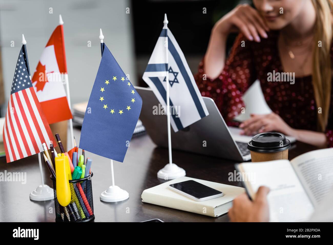 selective focus of flags of america, canada, european union and israel Stock Photo