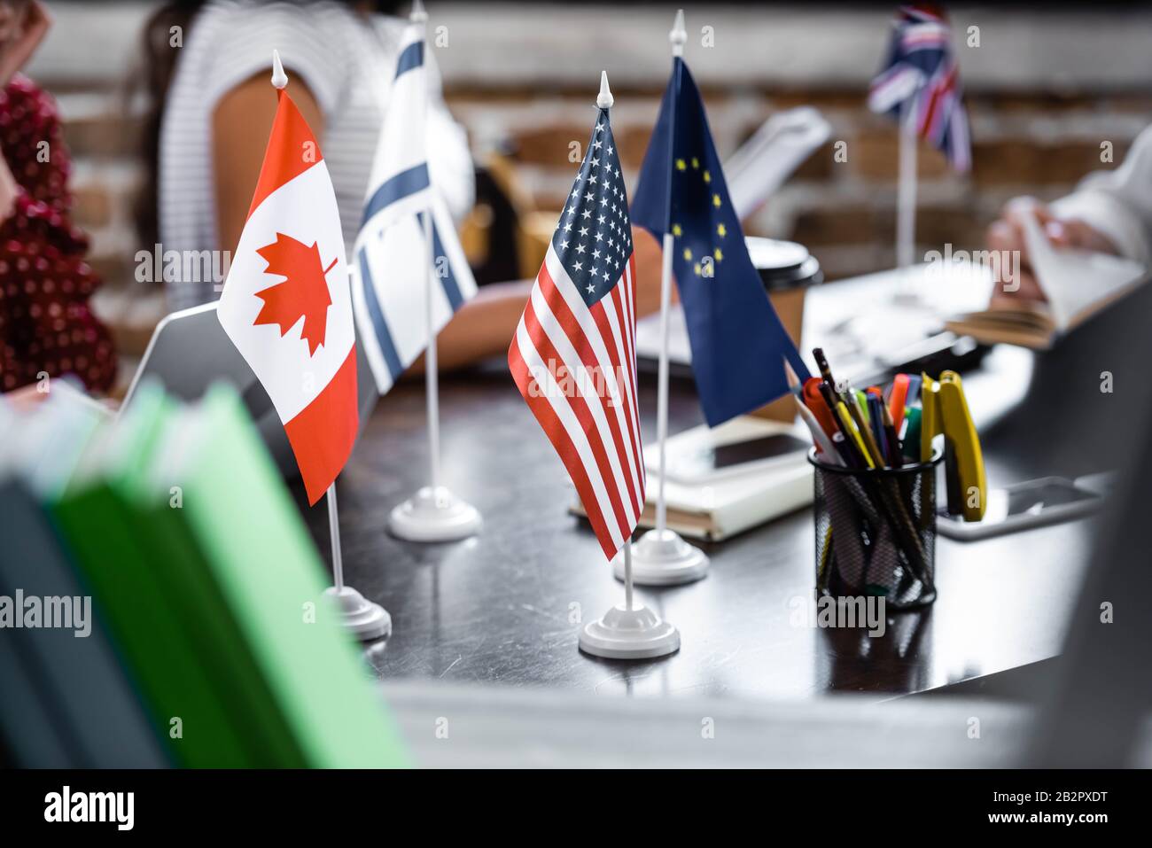 selective focus of flags of america, canada, european union and israel Stock Photo