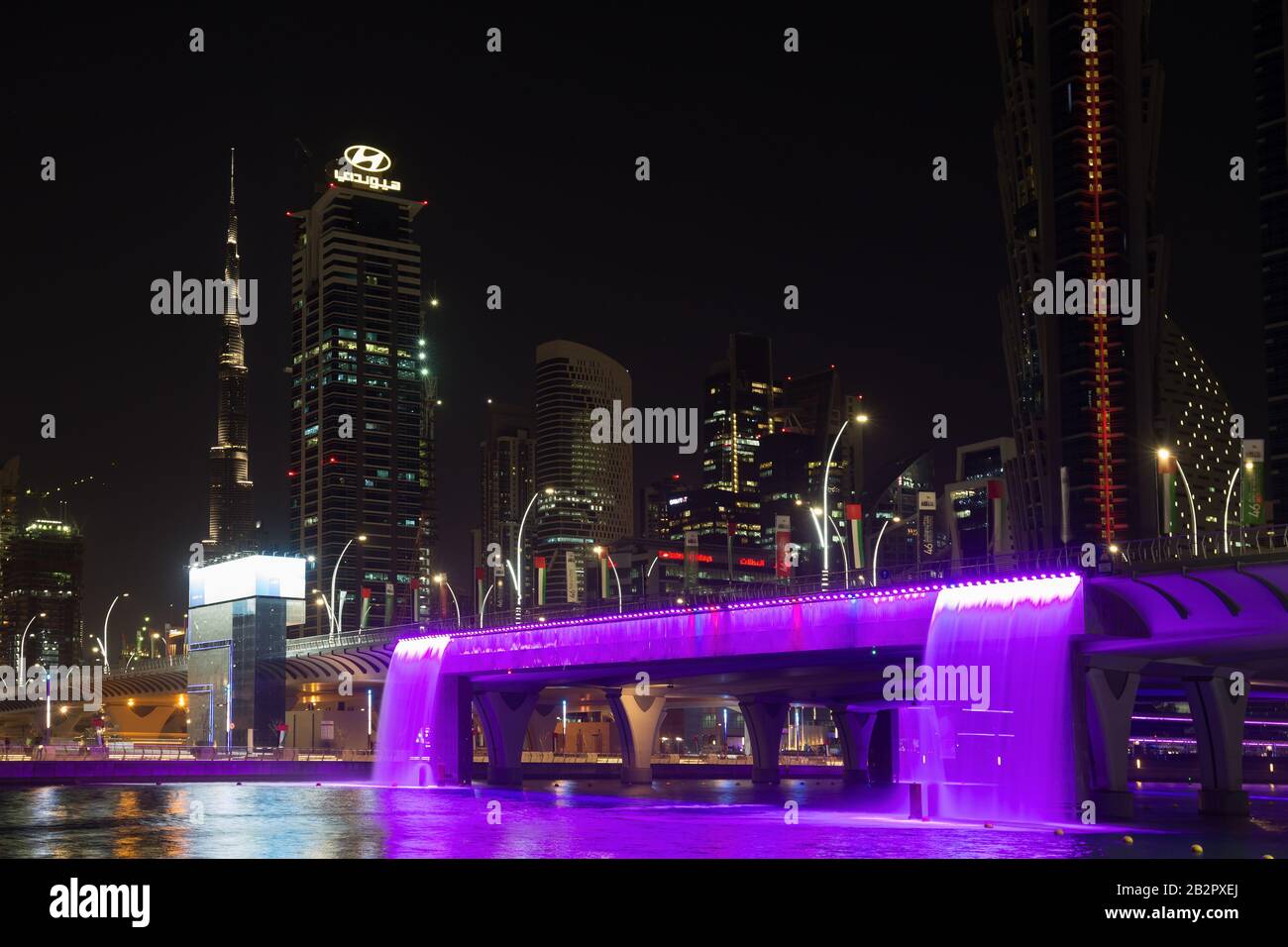 DUBAI, UAE NOVEMBER 29, 2017 Colorful illuminated Waterfall. The