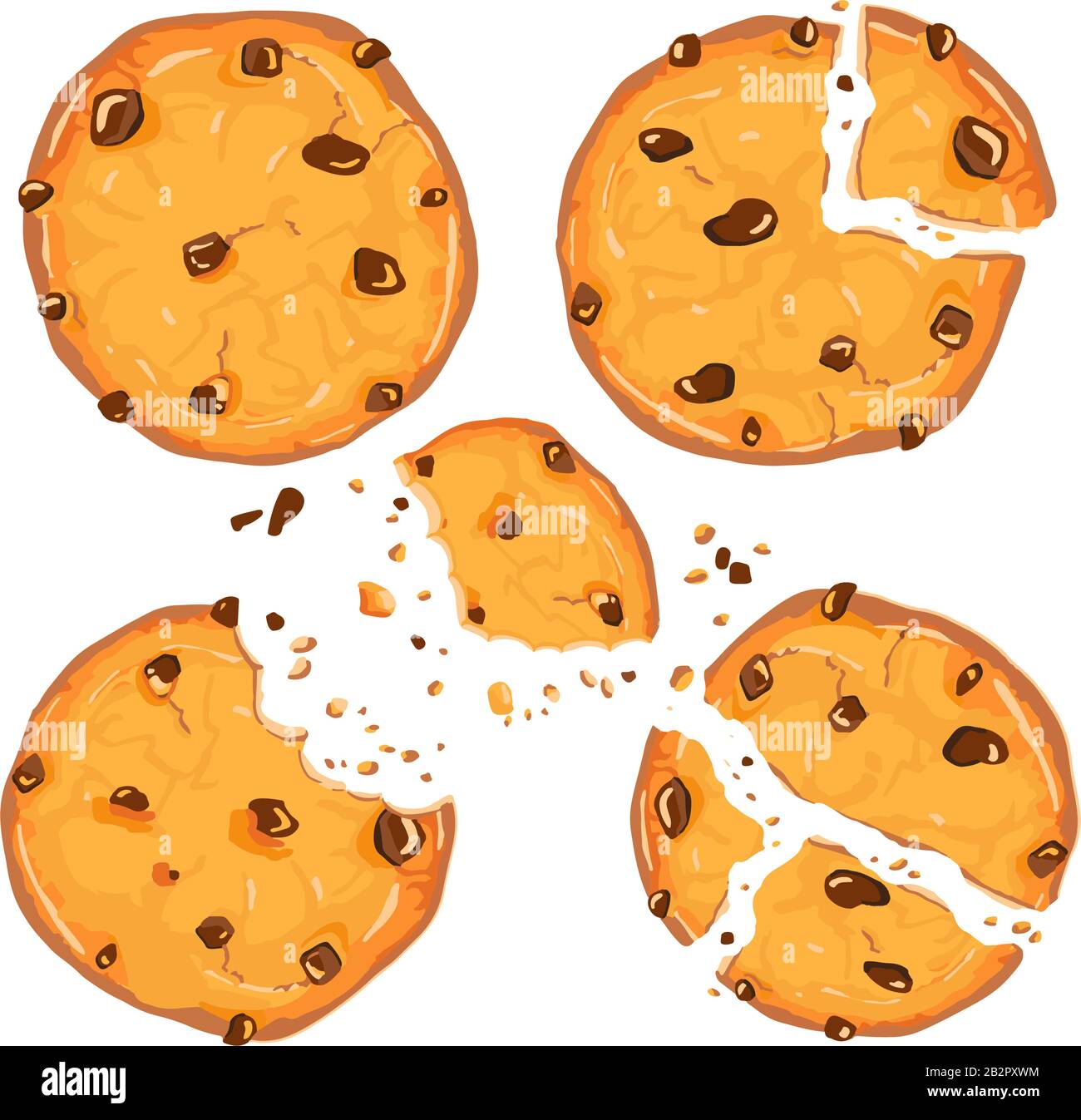 Homemade choco chip cookies with chocolate crisps isolated on white background. Bitten, broken, cookie crumbs. Vector illustration Stock Vector
