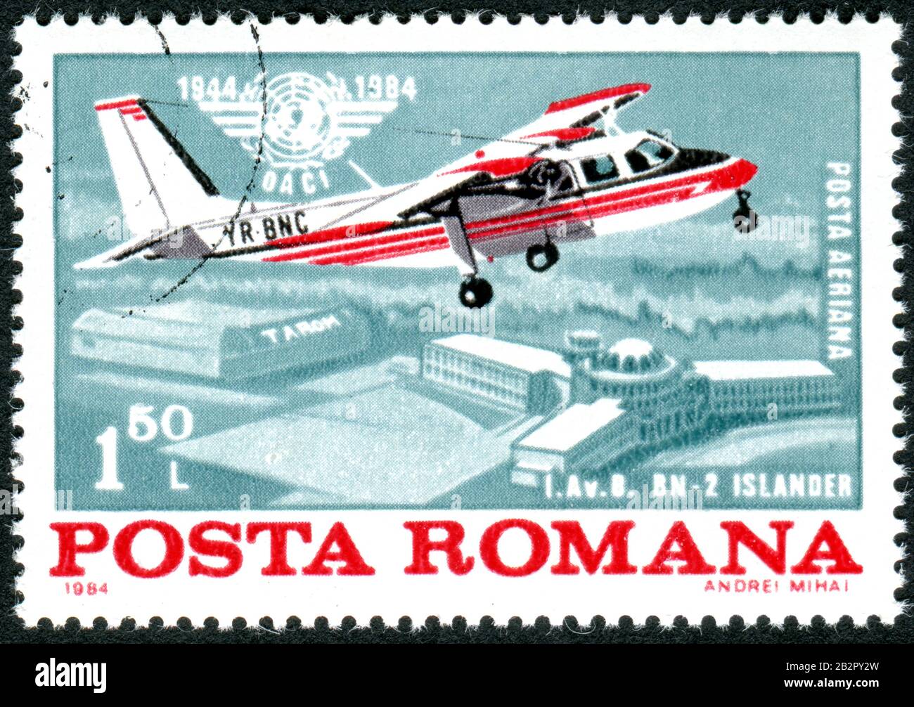 A stamp printed in Romania, dedicated to the 40th anniv. of ICAO, depicts the BN-2 Islander airplane over Aurel Vlaicu International Airport (Baneasa) Stock Photo