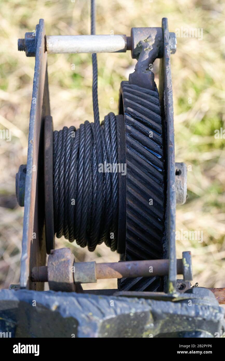 RUSTY WINCH CABLE AND GEARS Stock Photo Alamy
