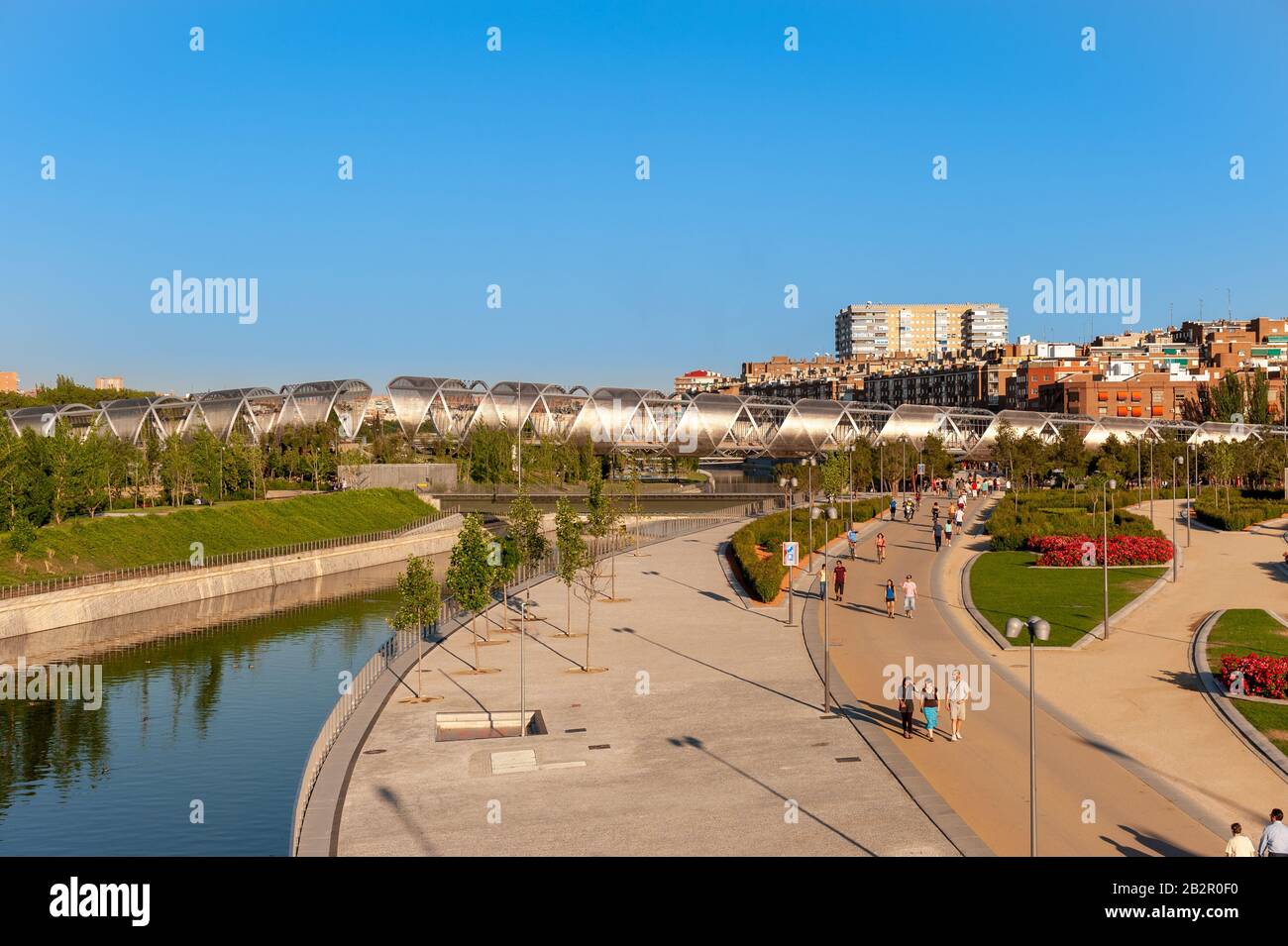 Madrid Rio park or Parque Madrid Rio on the banks of the Manzanares river, Madrid, Spain Stock Photo