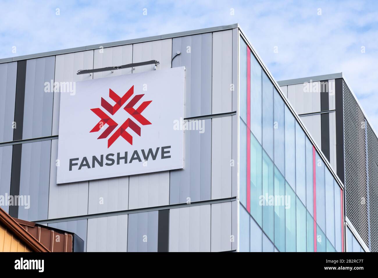 Fanshawe College logo on a sign on their digital and performing arts campus in downtown London, Ontario. Stock Photo