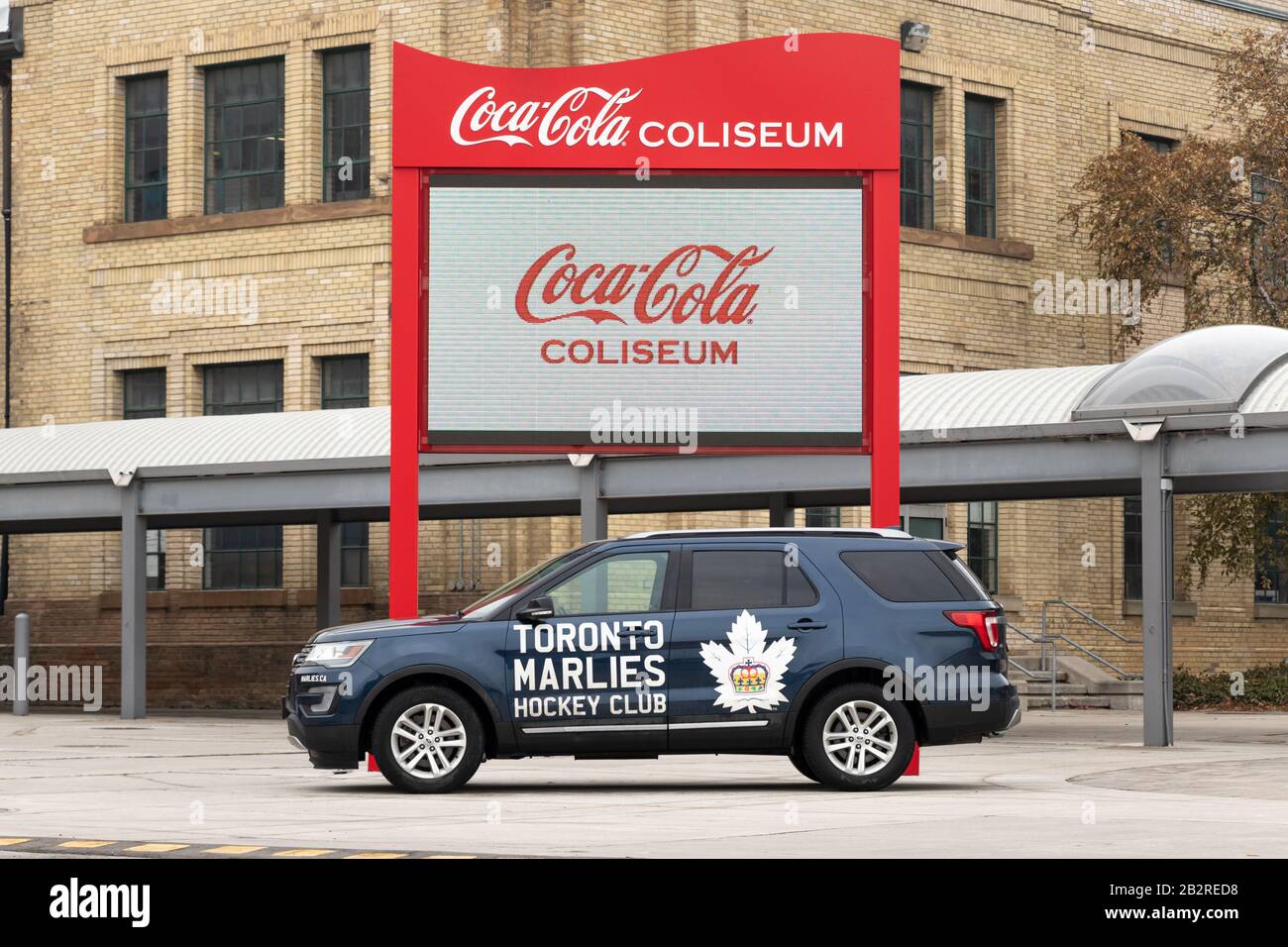 Toronto Marlies branded vehicle parked out-front of their home arena, the Coca-Cola Coliseum. Stock Photo